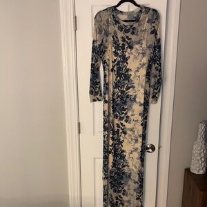 Express Cream and Blue Floral Long Sleeve Dress